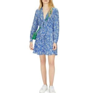 Ted Baker Modernity Blue Printed Heidiee Mini Dress 2 Tie V-Neck Long Sleeve